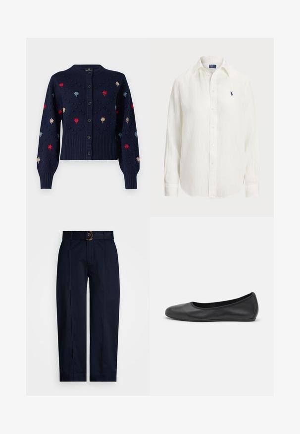 PS Paul Smith WOMENS CARDI - Cardigan - blue; Hvid linnedskjorte med lange ærmer, knap-ned krave og knapper foran. Har et lille blåt broderet logo på brystet.; Marinebukser med vævet talje og en guld ring spænde, med en lige ben skæring og pressede folder foran.; Sort læderballetsko med rund tå, glat tekstur, minimal syning og et fleksibelt såldesign.