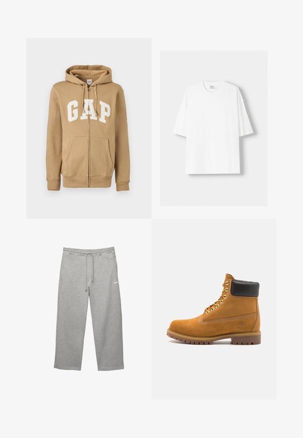 Svijetlosmeđi dukserica sa zatvaračem koji ima prednju džep i bijeli "GAP" logo. Izrađen od mekanog materijala s rebrastim manžetama i donjim rubom.; Bijela kratkodlana majica s kratkim rukavima, izrađena od pamuka, s okruglim izrezom i opuštenim krojem. Gladak materijal, bez vidljivih uzoraka ili akcenta.; Sive trenerke od mekanog materijala s elastičnim pojasom, podesivom vezicom i bočnim džepovima. Ima mali bijeli logo.; Antracitne antilop čizme do gležnjeva s crnim podstavljenim ovratnikom, zlatnim metalnim rupicama, bijelim šavovima i robusnom gumenom potplatom s izraženim šarama.