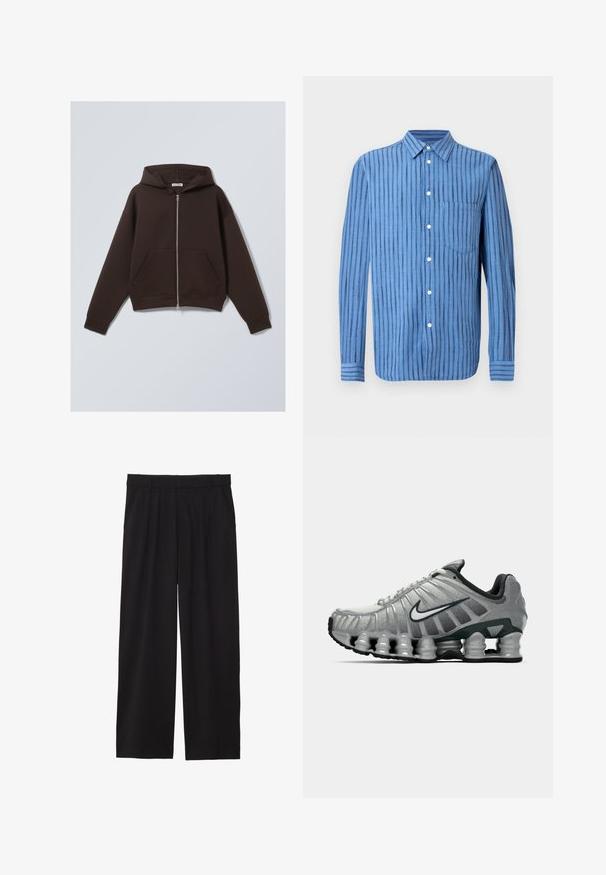 Braune Zip-Hoodie aus weichem Baumwollmischgewebe, mit geräumiger Kapuze, vorderen Taschen und gerippten Bündchen und Saum.; Blaues Langarmhemd mit Knopfleiste, vertikalen schwarzen Streifen und einer Brusttasche, auf weißem Hintergrund dargestellt.; Weiße Baumwoll-T-Shirt mit kurzen Ärmeln, rundem Ausschnitt, lockerer Passform und ohne sichtbare Logos oder Muster. Glatte Textur und minimalistisches Design.; Schwarze, weite Hose mit gefälteltem Vorderteil, seitlichen Taschen und einer glatten Stoffstruktur. Entworfen für eine entspannte Passform.; Grauer und schwarzer Nike-Laufschuh mit sichtbarer federähnlicher Dämpfung unter der Sohle und einem weißen Swoosh-Logo an der Seite.