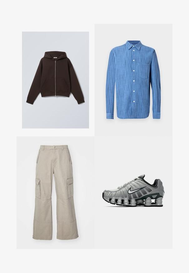 Brun zip-up sweatshirt lavet af blødt bomuldsblandingsstof, der har en rummelig hætte, frontlommer og ribbede manchetter og kant.; Blå langærmet skjorte med knapper og lodrette sorte striber samt en brystlomme foran, vist på en hvid baggrund.; Khaki cargo bukser lavet af bomuldsblanding, med brede ben, flere sidelommer og subtile syninger.; Grå og sort Nike løbesko med synlig fjederlignende dæmpning under sålen og et hvidt swoosh-logo på siden.