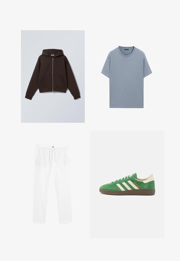 Felpa con zip marrone realizzata in morbido tessuto misto cotone, con un ampio cappuccio, tasche frontali e polsini e orlo a costine.; T-shirt in cotone azzurro chiaro con collo rotondo, maniche corte e vestibilità rilassata; texture liscia senza motivi o dettagli visibili.; Pantaloni in lino leggeri e bianchi con cintura elastica e cordoncino. Design a gamba dritta con tasche laterali. Texture liscia.; Sneaker verde in suede con design a tre strisce bianche, dettagli panna e suola marrone texturizzata. "SPEZIAL" ricamato in oro sul lato.