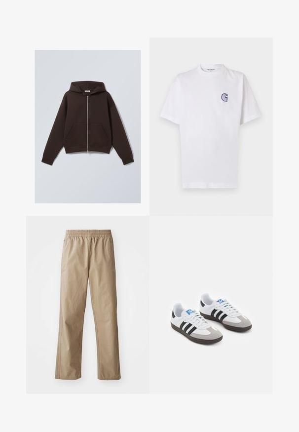 Brązowa bluza z kapturem na zamek, wykonana z miękkiej mieszanki bawełny, z pojemnym kapturem, przednimi kieszeniami oraz prążkowanymi mankietami i dołem.; Biała bawełniana koszulka z krótkimi rękawami, okrągłym dekoltem i małym, niebieskim haftowanym logo "C" na lewej stronie klatki piersiowej.; Beżowe, lekkie spodnie z elastycznym paskiem, prostymi nogawkami i bocznymi kieszeniami. Gładka faktura z subtelnymi detalami szwów.; Buty sportowe z białą skórzaną cholewką, szarym zamszowym noskiem i trzema czarnymi paskami. Posiadają niebieskie logo na języku oraz teksturowaną gumową podeszwę.