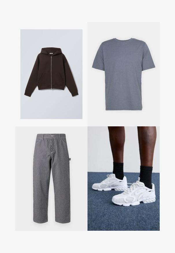 Brun zip-up sweatshirt lavet af blødt bomuldsblandingsstof, der har en rummelig hætte, frontlommer og ribbede manchetter og kant.; Grå T-shirt med korte ærmer og rund hals, lavet af blødt bomuldsblandingsstof. Enkel design, ingen mønstre eller accenter.; Stribede bukser lavet af en blanding af bomuldsstoffer, der har lodrette sort-hvide striber, knaplukning og sidelommer.; Hvide atletik-sko med mesh-overdel, teksturerede accenter og polstret sål. Parret med sorte ribbede ankelstrømper på en blå tæppebelagt overflade.