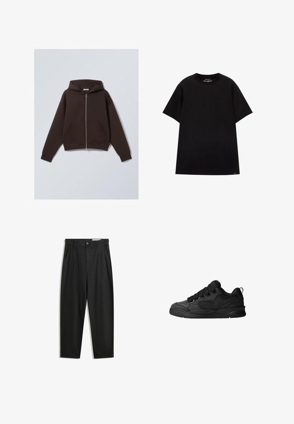 Braune Zip-Hoodie aus weichem Baumwollmischgewebe, mit geräumiger Kapuze, vorderen Taschen und gerippten Bündchen und Saum.; PULL&BEAR JOIN LIFE - T-Shirt basic - black; Schwarze Baumwollhose mit lockerem Schnitt, ausgestattet mit einem klassischen Bund, vorderen Falten und Seiten taschen. Glatte Textur ohne Muster.; Schwarze Sneaker mit strukturiertem Obermaterial, ausgestattet mit Schnürsenkeln, Mesh-Akzenten für Atmungsaktivität, gepolstertem Kragen und einer stabilen Laufsohle.