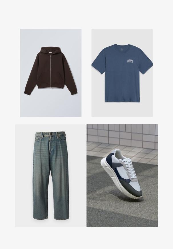 Pruun tõmbluku kapuutsiga sviiter, mis on valmistatud pehmest puuvillasegust kangast, omades avarat kapuutsi, esipokke ning soonikuvarruka- ja põhjakuminat.; Sinine puuvillane T-särk, millel on ümmargune kaelus ja lühikesed varrukad. Vasakul rindkere piirkonnas on trükitud valge "Levi's" logo. Lihtne disain.; Heledad sinine denim-stiilis teksad, volüümse lõike, keskmise kõrgusega talje ja sirgete säärega. Omab viit taskut, vöökumme ja nööpide sulgemist.; Valge, mereväe sinine ja hall spordijalats, millel on segatud materjalide disain, tekstureeritud ülemine osa, lame pael ja pehme talla.