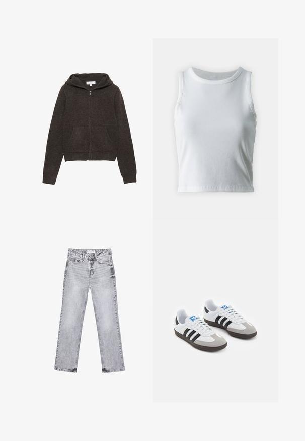 Ruskea vetoketjuhuppari, jossa on pehmeä pinta, pitkät hihat, tilava huppu ja kaksi etutaskua. Yksinkertainen, klassinen muotoilu.; Valkoinen poimutettu hihaton toppi, jossa on pyöreä kaula-aukko, suora helma ja sileä, joustava materiaali.; Harmaat farkut suoran lahkeen leikkauksella, kulutettu yksityiskohtia, viisi taskua ja kuparinappi. Vyötärönauha sisältää logotagin.; Urheilukengät, joissa on valkoinen nahkainen päällinen, harmaa mokkanokka ja kolme mustaa raitaa. Ominaisuuksina sininen logo kielekkeessä ja kuvioitu kumipohja.