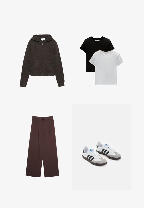 Hnědá mikina se zipem, která má měkkou strukturu, dlouhé rukávy, prostornou kapuci a dvě přední kapsy. Jednoduchý, klasický design.; Dvě trička s kulatým výstřihem v černé a bílé barvě, vyrobená z bavlny. Mají krátké rukávy a jednobarevný design bez vzorů nebo akcentů.; Stradivarius WIDE-LEG WITH BUCKLE DETAIL - Kalhoty - dark brown; Sportovní boty s bílým koženým svrškem, šedou semišovou špičkou a třemi černými pruhy. Obsahují modré logo na jazyku a texturovanou gumovou podrážku.