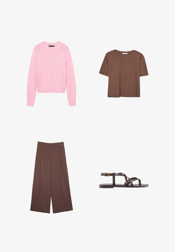 Roza kardigan z okroglo izrezom, dolgimi rokavi in rebrastimi manšetami. Ima gumbasto zapiranje na sprednji strani in gladko pleteno teksturo.; Rjava kratka majica s kratkimi rokavi iz mehkega materiala, s krožnim izrezom in ohlapnim krojem. Brez vidnih vzorcev ali dodatkov.; Rjave široke hlače z gladko teksturo, ki imajo visok pas in sprednje naborke. Tkanina je lahka in prosto pada.; Rjav usnjen sandal z načinom prečnega črta, zaklepom okoli gležnja in ravnim podplatom z minimalnimi šivi.