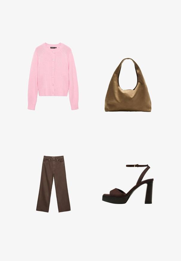 Vaaleanpunainen neuletakki, jossa on pyöreä kaulus, pitkät hihat ja ribbireunat. Varustettu napitustaskulla ja sileällä, neulotuilla tekstuurilla.; Kahvinsävyinen lyhythihainen t-paita, joka on valmistettu pehmeästä kankaasta. Pyöreä pääntie ja rento malli. Ei näkyviä kuvioita tai koristeita.; Leviittävät ruskeat farkut, jotka on valmistettu denimistä, korkea vyötärö, etutaskut ja klassinen nappikiinnitys. Silkkinen pinta hienovaraisella ompelutyöllä.; Ruske kožne sandale s visokom potpeticom, otvorenim prstima, podesivim kopčanjem oko gležnja i prugastim platformskim đonom.; Ruskea kangaskassi, jossa on leveä, pyöristetty muoto ja suuri leikattu kahva. Pehmeä pinta, minimalistinen muotoilu ja ei näkyvää metalliosaa.