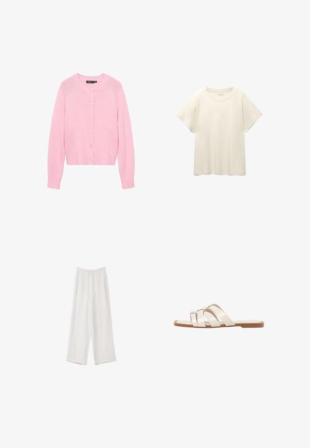 Vaaleanpunainen neuletakki, jossa on pyöreä kaulus, pitkät hihat ja ribbireunat. Varustettu napitustaskulla ja sileällä, neulotuilla tekstuurilla.; Vaaleanbeige lyhythihainen t-paita, jossa on pyöreä kaula-aukko, valmistettu pehmeästä ja sileästä kankaasta. Ominaisuuksina rento mitta ja suora helma.; Valkoiset leveälahkeiset housut kevyestä kankaasta. Ominaisuuksiin kuuluu elastinen vyötärö, jossa on nauhakuuluma ja sivutaskut. Sileä rakenne.; Tason vaaleanruskealla kumipohjalla, jossa on kolme päällekkäistä valkoista nahkaremmiä ja pieni satiininen rusetti keskellä.