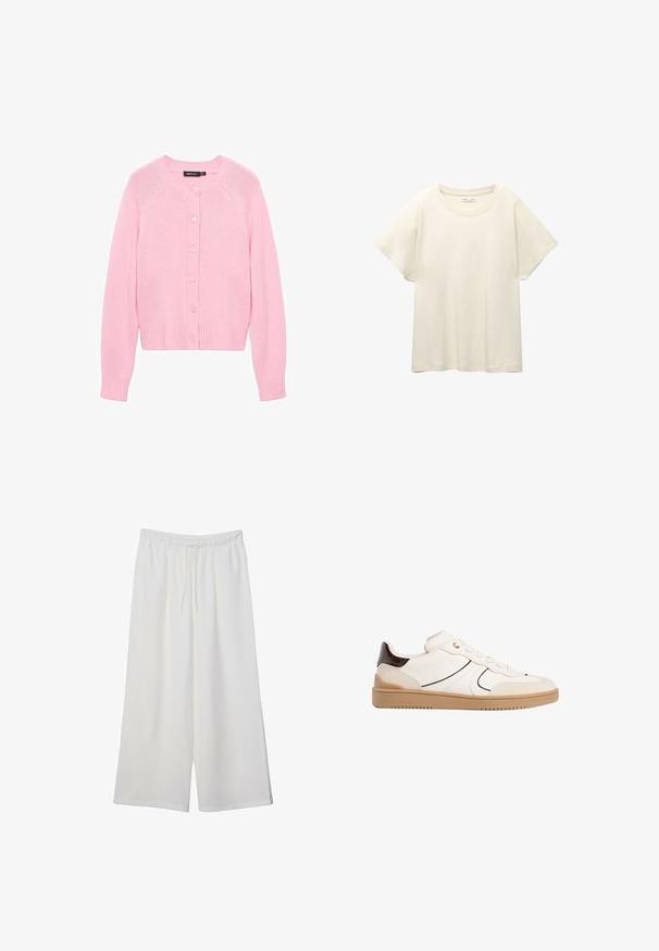 Ružový kardigán s okrúhlym výstrihom, dlhými rukávmi a rebrovanými manžetami. Disponuje zapínaním na gombíky a hladkou, pletenou textúrou.; Svetlo béžové tričko s krátkym rukávom a okrúhlym výstrihom, vyrobené z jemnej, hladkej tkaniny. Má voľný strih a rovný lem.; Biele široké nohavice z ľahkého materiálu s elastickým pásom a šnúrkou na nastavenie veľkosti. Hladká textúra.; Stradivarius Tenisky - white
