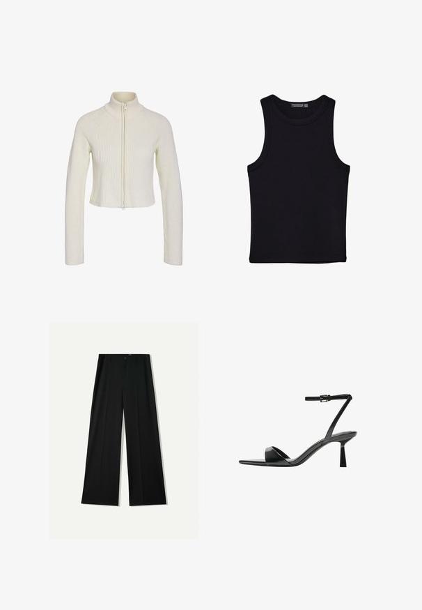Sweater en tricot crème coupé, avec un col montant, une fermeture éclair sur le devant et une texture côtelée. Il a des manches longues et une coupe ajustée.; Débardeur noir en coton, avec un col rond et des emmanchures larges. Texture lisse avec des ourlets cousus. Design classique et minimaliste.; Bershka WIDE - Pantalon classique - black; Bershka Sandales à talons hauts - black