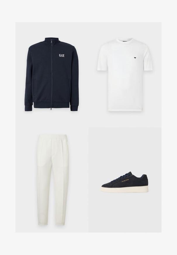 Nautički dukserica na zatvaranje s visokim ovratnikom, dva prednja džepa, rebrasti rubovi i bijeli EA7 logo na prsima. Glatka tekstura tkanine.; Bijela pamučna majica s okruglim izrezom i kratkim rukavima. Ima mali crni logotip na lijevoj strani prsa. Glatka tekstura, ležeran kroj.; Bijele uske hlače ravnog kroja s elastičnim pojasom, s dvije džepa sa strane i glatkom, lagano sjajnom teksturom.; Navy plave sačmene niske tenisice s bijelim potplatom, mornarskim vezicama i "Filling Pieces" logotipom u zlatnoj boji sa strane.
