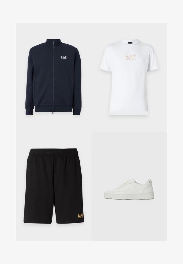 Tengerészeti zipzáros pulóver magas gallérral, két elülső zsebbel, bordázott mandzsettákkal és fehér EA7 logóval a mellkason. Simaságával figyelemfelkeltő anyag textúrája.; Fehér pamut póló, kerek nyakkivágással és rövid ujjakkal, az elején arany EA7 Emporio Armani logóval nyomtatva.; Fekete sportnadrág puha anyagból, rugalmas derékkal és egy kis sárga EA7 logóval a bal alsó lábszáron.; Fehér bőr sportcipő sima felülettel, kerek orral, lapos fűzőkkel és texturált talppal. Finom logó található a sarokon.