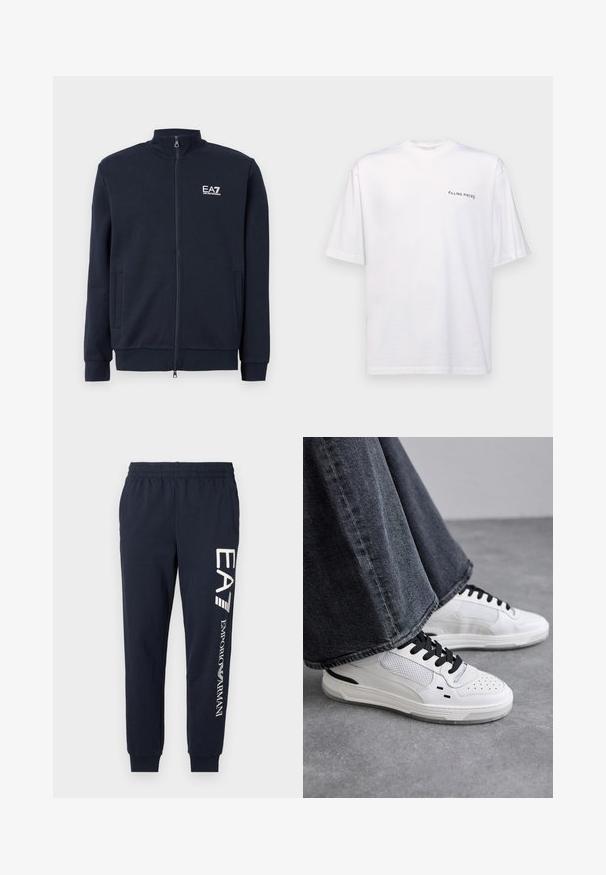 Marineblå hettejakke med høy krage, to frontlommer, ribbede mansjetter, og en hvit EA7-logo på brystet. Glatt stoffstruktur.; Hvit kortermet t-skjorte i bomull med v-hals, med en svart "FILLING PIECES" logo trykt på venstre side.; Mørkeblå bomullsjoggere med elastisk midje, smalnende bein og kontrasterende hvite EA7- og Emporio Armani-logoer trykt langs siden.; Hvite sneakers med svarte lisser og mesh-detaljer. Har en glatt læroverdel og en teksturert gummisåle. Kombinert med vide gråjeans.