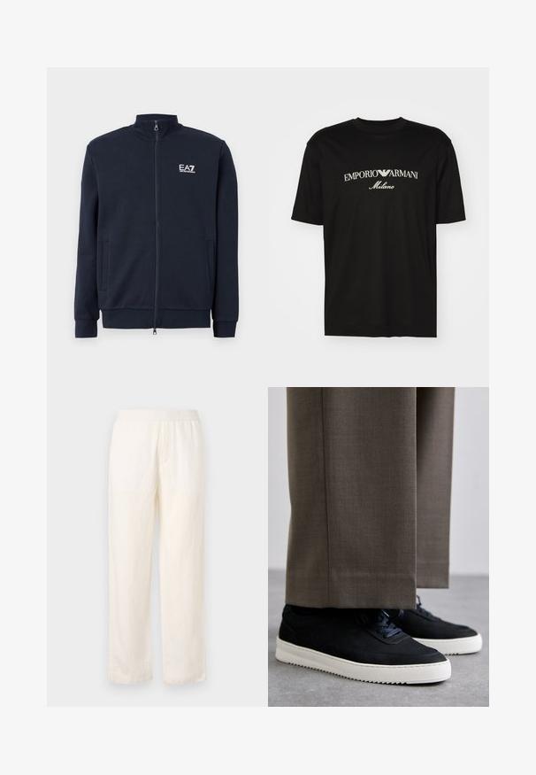 Marineblå hettejakke med høy krage, to frontlommer, ribbede mansjetter, og en hvit EA7-logo på brystet. Glatt stoffstruktur.; Svart bomulls T-skjorte med rund hals, korte ermer og "EMPORIO ARMANI" logo i hvitt over "Milano" i en buet design.; Lettvekts, kremfargede bukser med elastisk midje, rak ben-design og subtil tekstur. Har ingen synlige lommer.; Svarte suedeglans sneakers med hvite gummisåler, med rund tå og lisser, iført grå skreddersydde bukser.