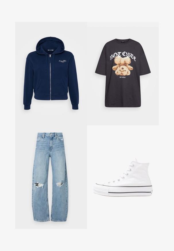 Navy blue zip-up hoodie made from cotton blend with a front pocket and ribbed cuffs. Features white logo embroidery on the chest.; Black oversized t-shirt featuring a graphic of a bear with the text “NOT CUTE BUT WILD” in bold, white lettering. Cotton material.; Light blue, high-waisted jeans made of denim. Feature wide legs, two torn knee areas, and classic five-pocket styling.; White high-top canvas sneaker with black rubber sole, front rubber toe cap, and six eyelets for laces, featuring a clean, minimalist design.