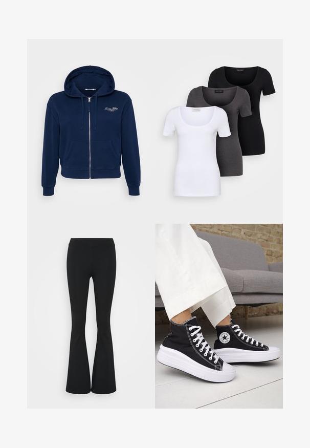 Sudadera con cremallera de color azul marino, confeccionada con una mezcla de algodón, que cuenta con un bolsillo frontal y puños acanalados. Presenta un bordado del logo en blanco en el pecho.; Tres camisetas ajustadas en blanco, gris y negro. Cada una cuenta con un escote amplio y mangas cortas. Están hechas de una tela suave y elástica.; Pantalones negros de campana hechos de una tela elástica, con una cintura alta y una textura suave. Los pantalones se ensanchan desde la rodilla.; Zapatillas altas negras con suelas de goma blancas y cordones blancos. Presentan un parche redondo con logo y costuras blancas contrastantes. Material de lona.