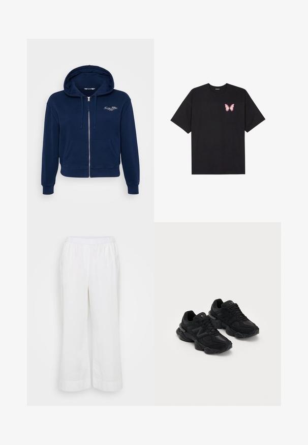 Mornarsko modra zip-up kapuca, izdelana iz mešanice bombaža, z sprednjim žepom in rebrastimi manšetami. Ima belo vezenje logotipa na prsih.; Črna bombažna majica s kratkimi rokavi, ki ima majhen roza metuljček na levi strani prsnega dela. Majica s krožnim ovratnikom in sproščenim krojem.; Bela, široka hlače iz lahkotnega materiala. Imajo elastičen pas in stranske žepe ter gladko, mat teksturo.; Črne športne čevlje z teksturiranim zgornjim delom, ki prikazuje izrazit logotip "N", oblazinjeno podplati in eleganten, moderen silhuet.