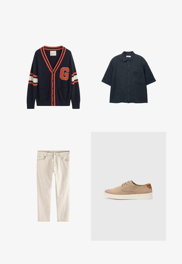 Cardigan navy realizzato in tessuto a maglia, con strisce arancioni e bianche sulle maniche, una grande patch con la lettera "G" e due tasche laterali.; Camicia a maniche corte di colore blu scuro, realizzata in tessuto leggero, con taschino sul petto e colletto classico.; Jeans slim-fit beige chiaro con gamba dritta, cinque tasche, chiusura con bottone e zip, e cuciture rinforzate lungo le cuciture.; Sneaker in suede beige con punta arrotondata, stringhe davanti e un accento testurizzato sul retro. La suola in gomma bianca offre un contrasto. Design semplice e moderno.