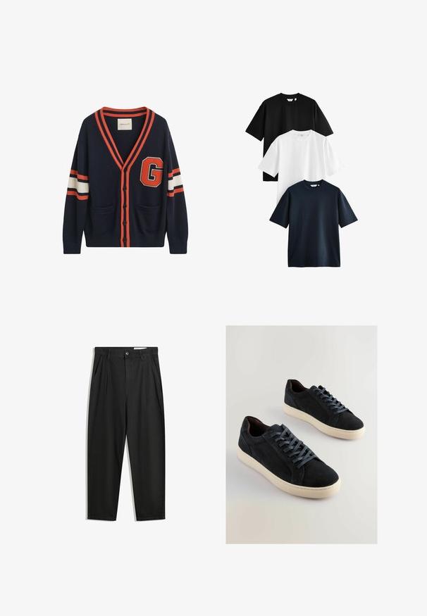 Cardigan navy realizzato in tessuto a maglia, con strisce arancioni e bianche sulle maniche, una grande patch con la lettera "G" e due tasche laterali.; Tre t-shirt a manica corta impilate: una nera, una bianca e una blu scuro. Realizzate in cotone, con scollo rotondo e vestibilità comoda.; Pantaloni in cotone neri con una vestibilità rilassata, dotati di una vita classica, pieghe frontali e tasche laterali. Tessuto liscio senza fantasie.; Sneakers in camoscio blu scuro con lacci azzurri e suole in gomma crema. Punta arrotondata, design low-top e texture morbida.