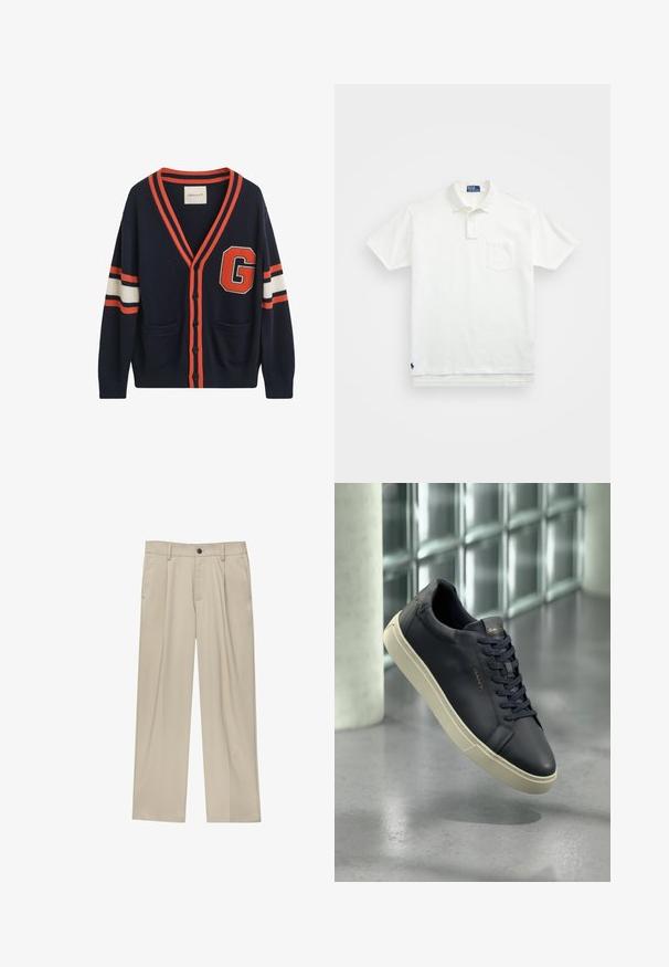 Cardigan navy realizzato in tessuto a maglia, con strisce arancioni e bianche sulle maniche, una grande patch con la lettera "G" e due tasche laterali.; Polo bianco in cotone, con colletto classico, placca con tre bottoni e taschino sul lato sinistro del petto; piccolo logo sull'orlo.; Pantaloni beige a taglio dritto, con un solo bottone nero, passanti per la cintura e tasche laterali. Tessuto dalla texture liscia e design minimale.; Sneaker in pelle navy con punta arrotondata, lacci piatti e suola testurizzata; presenta il logo sulla linguetta, contrastato da una suola color crema.