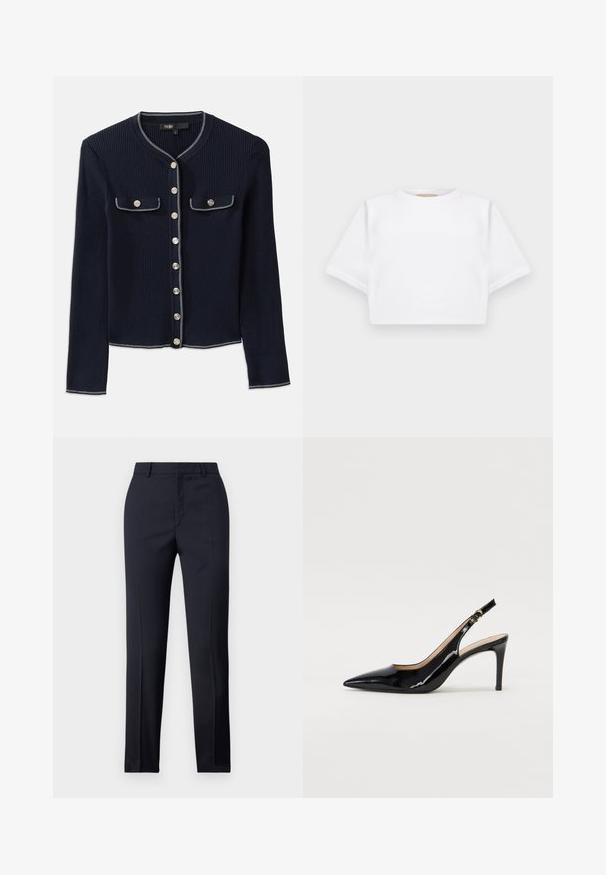 Námořnický žebrovaný kardigan s dlouhými rukávy, kulatým výstřihem, stříbrným zapínáním na knoflíky a dvěma náprsními kapsami lemovanými bílým prošíváním.; Zkrácené bílé tričko vyrobené z měkké látky, má krátké rukávy, kulatý výstřih a žebrované detaily na lemech. Jednoduchý a nezdobený design.; Navy kalhoty s rovný střih, vyrobené z hladkého materiálu, se dvěma předními kapsami a čistým pasem.; Černé lakované slingback lodičky s špičatou špičkou, úzkým podpatkem a jemným výřezem. Obsahují zlatou sponu na řemínku.