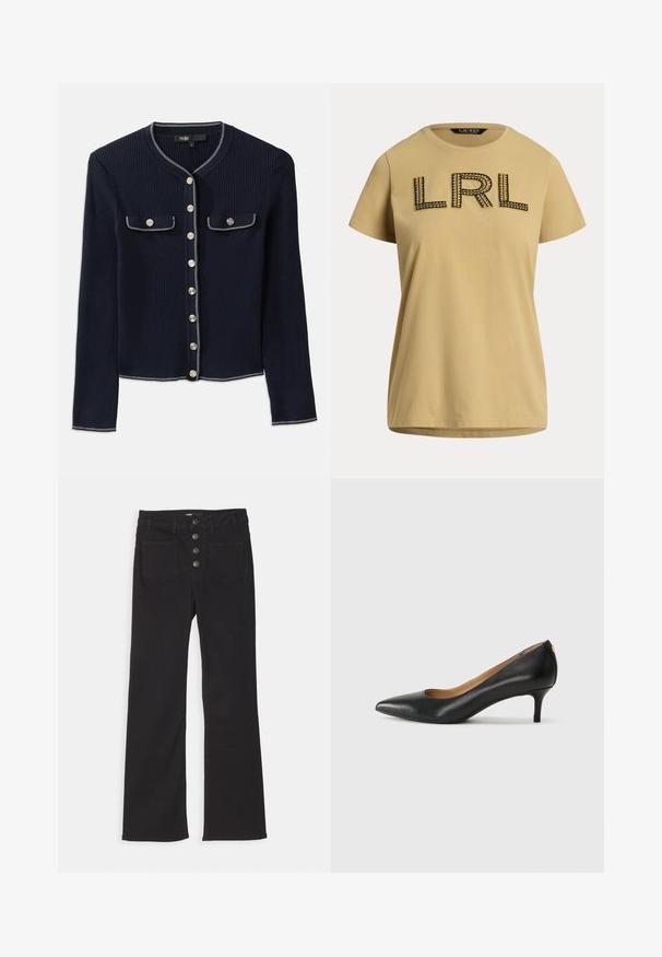 Cardigan navy cu model côtat, cu mâneci lungi, decolteu rotund, închidere cu nasturi argintii și două buzunare pentru piept conturate cu cusături albe.; Tricou din bumbac, cu mânecă scurtă, de culoare galben muștar, cu logo-ul brodat "LRL" maro închis, împodobit cu detalii de cusut. Guler clasic rotund.; Jeans din denim negri cu talie înaltă, design cu cinci buzunare și închidere frontală cu patru butoane metalice.; Pantofii din piele neagră au vârful ascuțit, toc mic și o textură netedă. Au o deschidere ușoară în față și un hardware minim în spate.