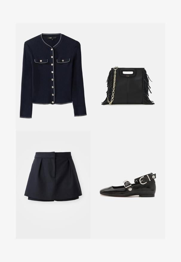 Sötétkék bordázott kardigán hosszú ujjakkal, kerek nyakkivágással, ezüst gombos zárással, és két mellzsebbel, amelyeket fehér öltések kereteznek.; Sötétkék bordázott póló, hegyes gallérral, rövid ujjakkal és két elülső zsebbel, amelyek patentgombokkal záródnak; fehér varrási díszítésekkel kiemelve.; Sötétkék, redőzött sort, magas derékkal, sima anyagból készült. Fitt szabású és rejtett elülső zsebbel rendelkezik.; Fekete lakkbőr lapos cipő négyzet alakú orral, ezüst hardware-rel ellátott bokapánttal és lapos talppal. Simaságával és minimalista dizájnjával kiemelkedő.; Fekete bőr kézitáska, frufrus részletekkel, arany láncos vállpánttal és kivágott fogantyúval. Az elülső részen logó található.
