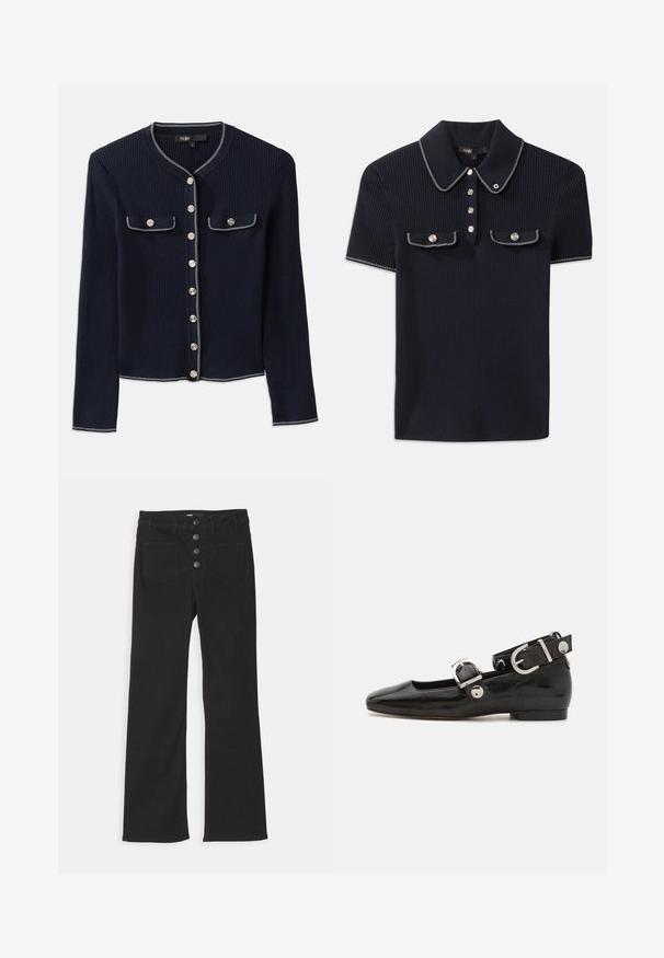 Merinotumma raidallinen kardigan pitkillä hihoilla, pyöreällä kaula-aukolla, hopeisilla nappikiinnityksillä ja kahdella rinnassa olevalla taskulla, jotka on reunustettu valkoisella ommella.; Laadukas tummansininen farkku-paita, jossa on tukeva kaulus, lyhyet hihat ja kaksi etutaskua, joissa on nepparit; valkoiset ompeleet korostavat tyyliä.; Mustat farkut, joissa on leveät lahkeet, korkea vyötärö, viisi taskua ja edessä neljä metallista nappia.; Musta patenttinahkainen tasapohjainen kenkä suoralla varvastyöllä, nilkkahihna hopeisilla yksityiskohdilla ja tasainen pohja. Sileä pinta ja minimalistinen muotoilu.