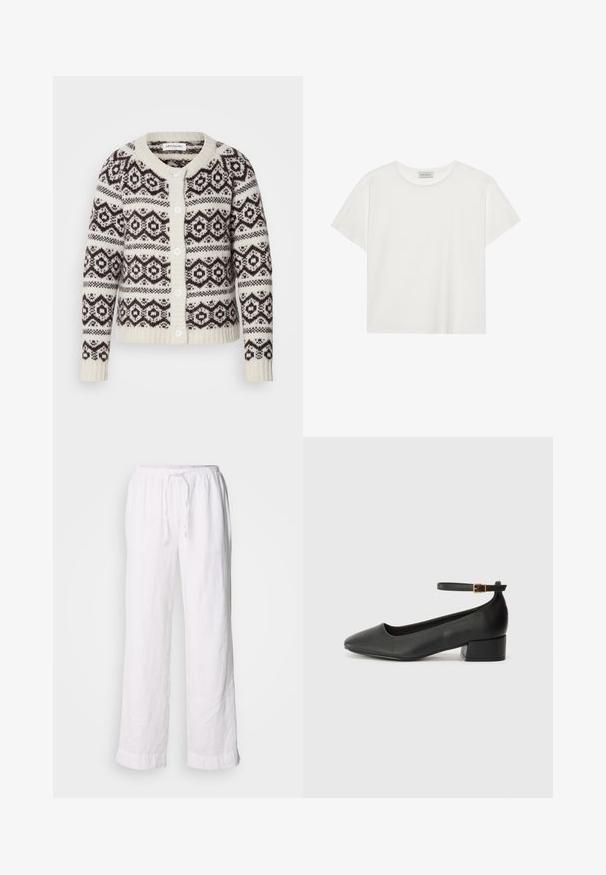 Lollys Laundry CARDIGAN - Kardigán - choco; Fehér, rövid ujjú póló, puha pamutból készült. Kerek nyakkivágással és laza szabással rendelkezik. Tiszta dizájn, látható minták vagy díszítések nélkül.; Fehér vászon nadrág laza szabással, gumis derékkal és zsinórral. Közvetlen lábakkal és felhajtott szegéllyel rendelkezik a hétköznapi megjelenés érdekében.; Fekete bőr magassarkú cipő hegyes orral és alacsony tömb sarkal. Bokapánttal rendelkezik, aranyszínű csattal. Simább textúra.