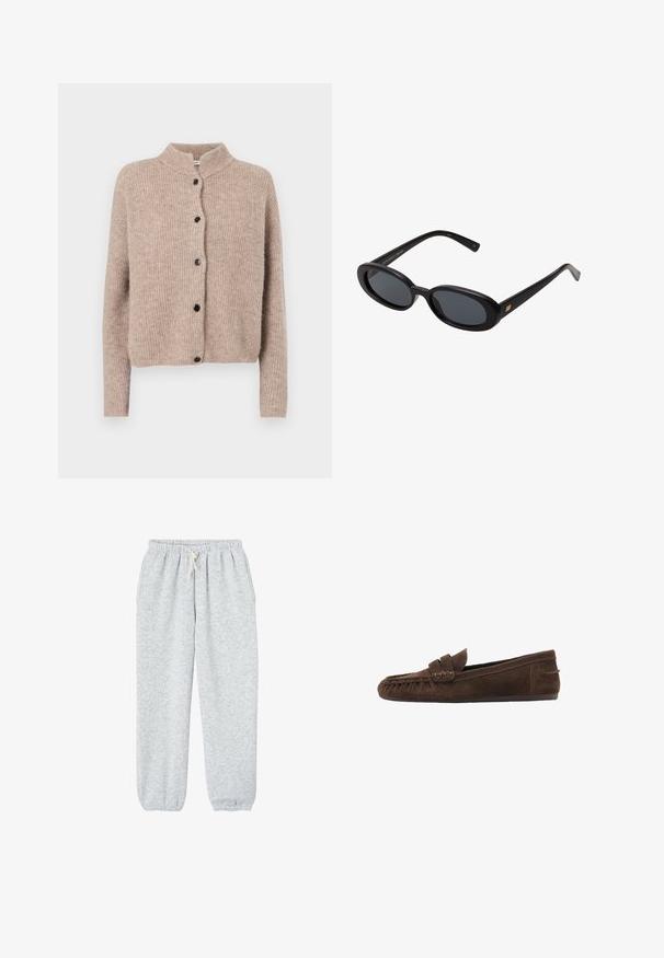 Beige knitted cardigan with a high collar, ribbed texture, and five black buttons down the front. Short, slightly loose sleeves.; Light blue long-sleeve shirt with a button-down collar, single chest pocket, and a relaxed fit. Smooth fabric texture and classic design.; Gray sweatpants made of soft fabric, featuring an elastic waistband with a drawstring, and elastic cuffs at the ankles.; Brown suede loafers with a textured upper, featuring a braided accent and a flat sole, designed for casual comfort and ease of wear.; Black oversized sunglasses with oval lenses, smooth plastic frame, and gold accents on temple. Dark lenses provide sun protection.