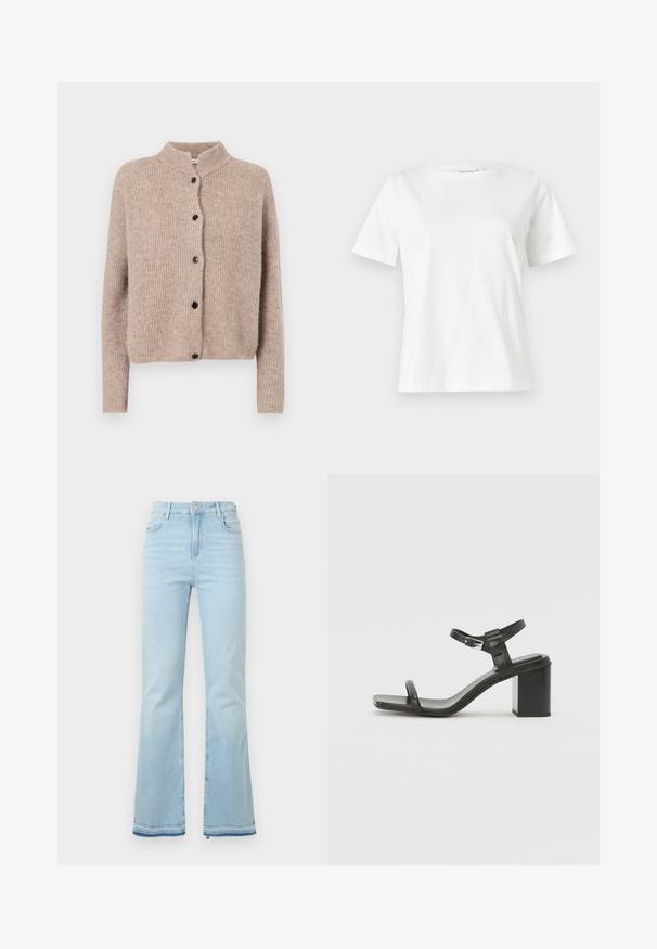 Bézs színű kötött kardigán magas gallérral, bordázott textúrával és öt fekete gombbal az elején. Rövid, enyhén laza ujjak.; Fehér pamut póló rövid ujjakkal, kerek nyakkivágással és laza szabással. Sima textúra, nincsenek minták vagy díszítések, minimalista dizájn.; Világoskék, trapéz fazonú farmernadrág, magas derékkal, elülső zsebekkel és nyers szegéllyel a szárakon, amely laza megjelenést kölcsönöz.; Fekete bőr, tömbsarkú szandál széles pánttal a lábujjak felett és állítható bokapánttal, letisztult, minimalista dizájnnal.
