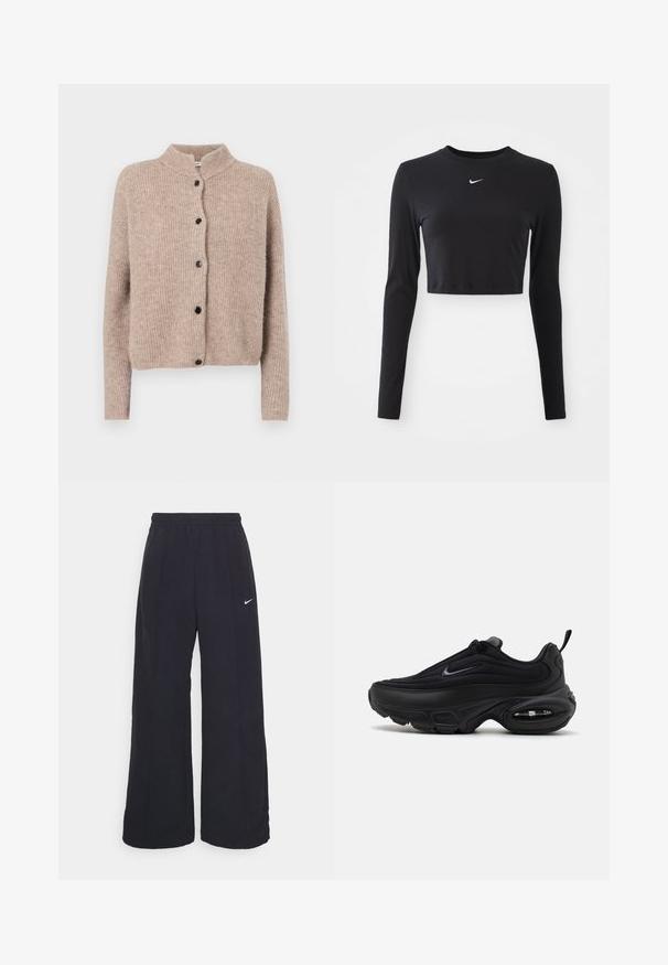 Beige gebreide cardigan met een hoge kraag, geribbelde textuur en vijf zwarte knopen aan de voorkant. Korte, iets losse mouwen.; Zwarte lange mouwen kort bovenstuk van gladde stof, met een ronde halslijn en een wit Nike-logo op de borst.; Zwarte wijde broek met een elastische tailleband en een klein wit Nike-logo. De stof heeft een soepele textuur, ontworpen voor comfort en casual gebruik.; Zwarte sportieve schoen met een gladde, gestructureerde bovenzijde. Beschikt over een ronde neus, een gevoerde kraag en zichtbare luchtkussens in de zool.