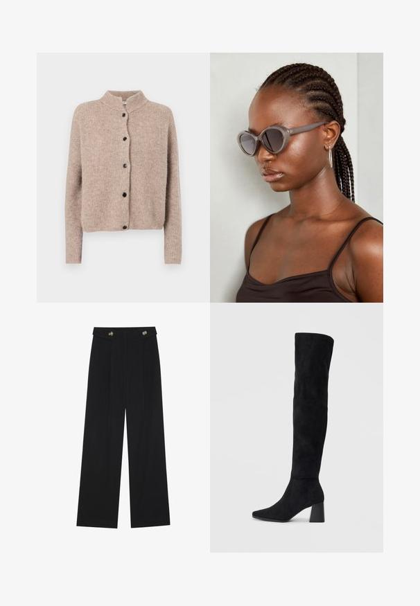 Beige knitted cardigan with a high collar, ribbed texture, and five black buttons down the front. Short, slightly loose sleeves.; White sleeveless top with a round neckline. Made of smooth fabric, it features a relaxed fit and minimalist design. No patterns or accents.; Black wide-leg trousers with high waist, button details on waistband, and front pleats.; Black suede knee-high boot with block heel, pointed toe, and smooth, seamless design on a plain light background.; Gray oversized sunglasses with a rounded shape and dark lenses. Sleek plastic frame with a smooth finish. Model has braided hair.