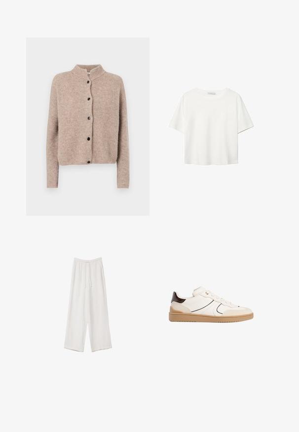 Bež pleteni kardigan z visokim ovratnikom, rebrasto teksturo in petimi črnimi gumbi spredaj. Kratki, nekoliko ohlapni rokavi.; Bela kratka majica s kratkimi rokavi iz bombaža. Ima okroglo izrezovanje in sproščen kroj. Gladka tekstura brez vidnih vzorcev ali poudarkov.; Bele široke hlače iz lahkega materiala. Imajo elastičen pas s vrvico in stranske žepe. Gladka tekstura.; Stradivarius Športni copati - white