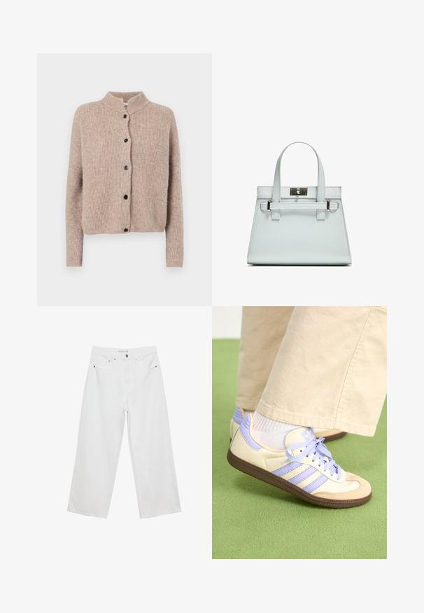 Vaaleanbeige neulecardigan, jossa on korkea kaulus, ribbikuviointi ja viisi mustaa nappia edessä. Lyhyet, hieman löysät hihat.; Valkoinen lyhythihainen t-paita, jossa on rento leikkaus ja frillattu tekstuuri vyötäröllä. Valmistettu pehmeästä, kevyestä kankaasta.; Valkoiset leveälahkeiset farkut, joissa on korkea vyötärö. Tämä malli sisältää viisi taskua ja metallisia yksityiskohtia. Kankaan pinta on sileä, ilman näkyviä kuvioita.; Kermasilta ja laventelilta näyttävät lenkkarit kolmella raidalla ja teksturoidulla ruskealla pohjalla, varustettuna nauhoilla ja pehmustetulla kantapäällä. Pehmeä kangaspinta.; Vaaleansininen käsilaukku, jossa on jämäkkä muotoilu, kaksi kahvaa ja hopeanvärinen kiinnitys. Pinta on teksturoitu ja kulmat terävät.