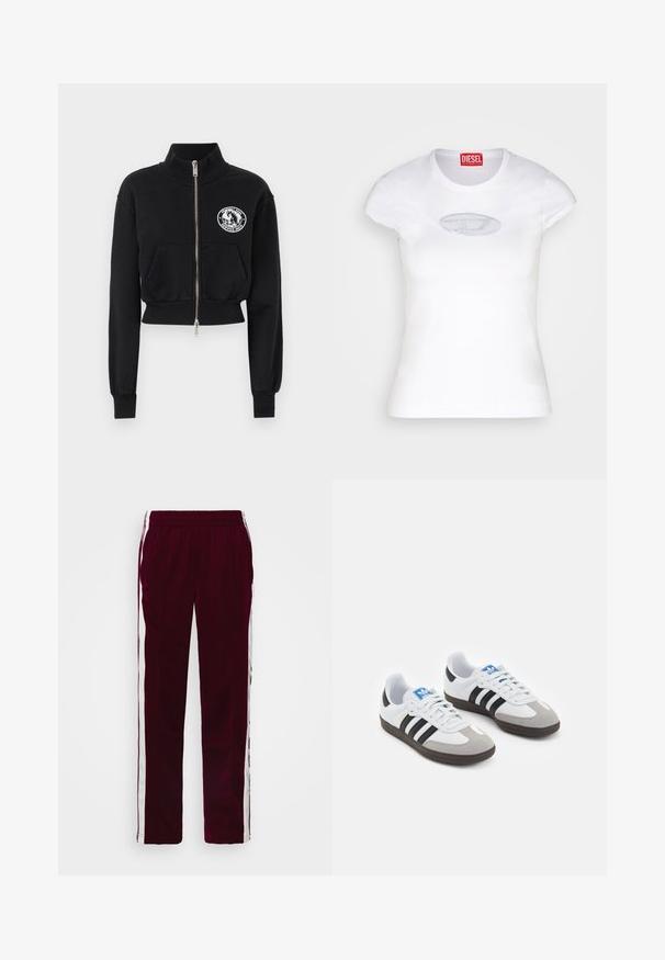 Μαύρο κοντό φούτερ με ψηλό λαιμό, μπροστινό φερμουάρ, δύο τσέπες και λευκό γραφικό ένθετο με σχέδιο αλόγου.; Λευκό στενό T-shirt από ύφασμα βαμβακιού, με στρογγυλή λαιμόκοψη και κοντά μανίκια, με ανοιχτό μπλε κεντητό λογότυπο στο μπροστινό μέρος.; Βουργουνδί παντελόνια αθλητικά με κορδόνι στη μέση, λευκές ρίγες στη πλευρά και στενή γραμμή. Κατασκευασμένα από μαλακό, ελαφρύ ύφασμα.; Αθλητικά παπούτσια με άσπρη δερμάτινη πάνω επιφάνεια, γκρι σουέτ μύτη και τρεις μαύρες ρίγες. Διαθέτουν μπλε λογότυπο στη γλώσσα και υφασμένο καουτσούκ σόλα.