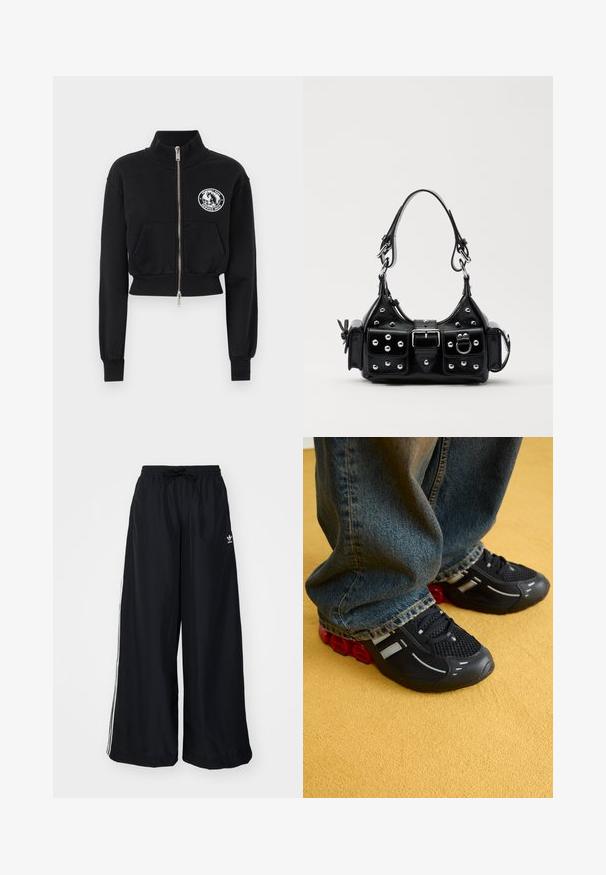 Crni skraćeni dukserica s visokim ovratnikom, prednjim zatvaračem, dva džepa i bijelim grafičkim flasterom s dizajnom konja.; Crni top dugih rukava od prozirnog materijala, s okruglim izrezom, prednjim kopčanjem na gumbe i valovitim rubovima na manžetama.; Crne široke hlače od lagane tkanine. Imaju elastičnu struk i vezicu, a s donje strane su ukrašene bijelim trakama. Logo branda se nalazi na kukovima.; Crne atletske cipele s mrežastim gornjim dijelom, sjajnim detaljima i crvenim jastučićima na potplatu, u kombinaciji s plavim trapericama.; Crna kožna torba s zakrivljenim dizajnom, koja sadrži srebrne zakovice, kopču i dva bočna džepa. Podesiva traka za različite opcije nošenja.