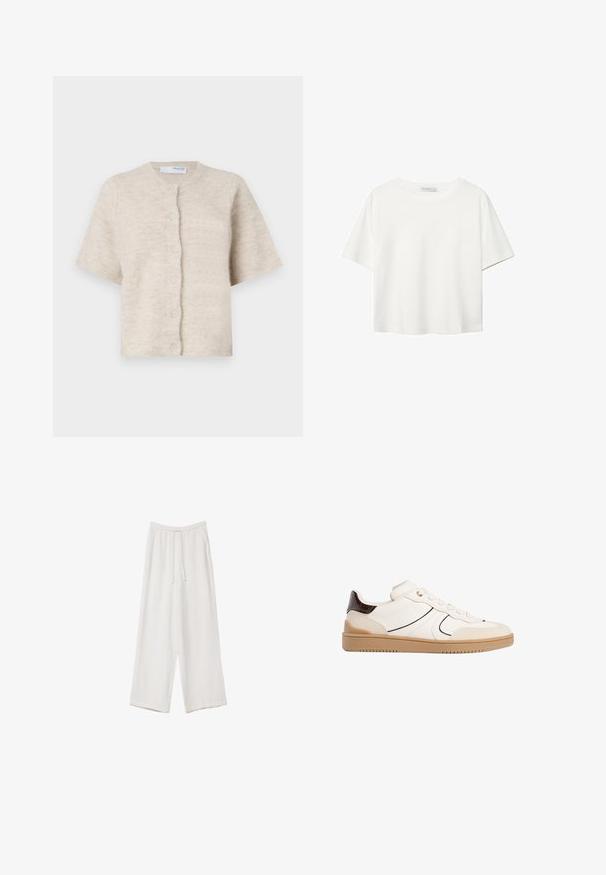Beige kortärmad cardigan gjord av mjukt, texturerat material med rund halsringning och sex matchande knappar fram.; Vit t-shirt med kort ärm i bomull. Har en rundad halsringning och en avslappnad passform. Slät textur utan synliga mönster eller detaljer.; Vita vida byxor i vid passform gjorda av ett lättviktsmaterial. Har en elastisk midja med dragsko och sidofickor. Slät textur.; Stradivarius Sneakers - white