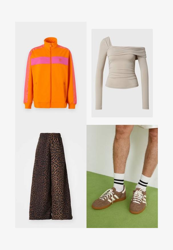 Orange zip-up jacket with a high collar, featuring pink horizontal stripes and three pink stripes along the sleeves. Made from smooth fabric.; Beige long-sleeve top with an off-the-shoulder design, featuring a ruched texture and a fitted silhouette. Smooth, stretchy fabric.; Wide-leg trousers made of smooth fabric, featuring a brown background with a black leopard print pattern and an elastic waistband.; Brown suede sneakers with white accents and laces. Rubber gum sole. Worn with white socks featuring black stripes. Green textured flooring.
