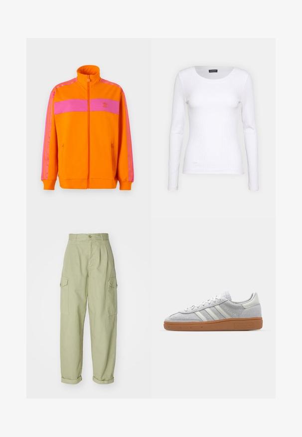 Jachetă portocalie cu fermoar, cu guler înalt, cu dungi orizontale roz și trei dungi roz pe mâneci. Fabricată dintr-un material fin.; Top alb cu dungi, cu mânecă lungă și guler rotund. Fabricat dintr-un material elastic care se îmbină cu corpul. Are linii orizontale subtile.; Pantaloni cargo verde deschis din material textil din bumbac. Dispune de un talie înaltă, manșete răsucite și două buzunare laterale pentru un plus de utilitate.; Pantofii sport din nubuc gri deschis, cu accente din piele albă, trei dungi albe și o talpă din cauciuc maro, având un guler căptușit pentru confort.