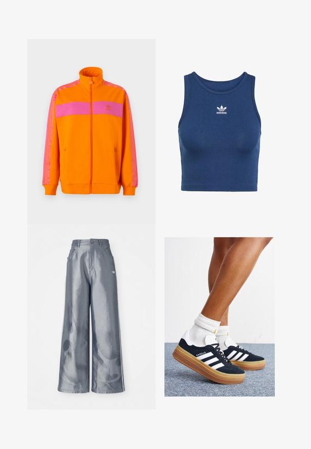 Veste zippée orange avec un col montant, comportant des rayures horizontales roses et trois rayures roses le long des manches. Fabriquée en tissu lisse.; Haut court bleu à côtes en tissu extensible, doté d'un col rond et d'un petit logo Adidas blanc sur la poitrine.; Pantalons à jambes larges en matériau gris brillant, présentant des bandes latérales blanches et un motif de flammes sur les jambes inférieures. Fermeture à bouton et à zip à la taille.; Baskets en daim noir avec des rayures et des accents blancs, bout arrondi, semelle extérieure en caoutchouc gomme, associées à des chaussettes blanches côtelées mi-mollet.