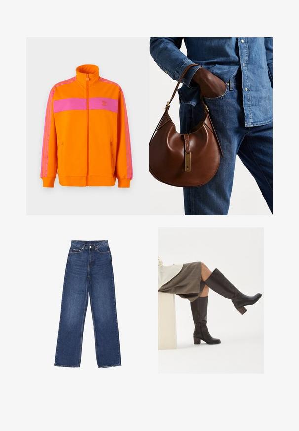 Oranger Reißverschlussjacke mit hohem Kragen, versehen mit pinken horizontalen Streifen und drei pinken Streifen an den Ärmeln. Hergestellt aus glattem Stoff.; Zwei ärmellose, gerippte Rollkragenoberteile in Braun und Schwarz, auf einem schlichten weißen Hintergrund präsentiert.; Weite blaue Jeans mit hoher Taille, Knopfverschluss, fünf Taschen und subtilen Verwaschungen auf dem Stoff.; Braune Lederstiefel bis zum Knie mit eckiger Zehenpartie, blockiertem Absatz und seitlichem Reißverschluss. Glatte Oberfläche mit polierter Optik.; Braune Leder-Hobo-Tasche mit runder Form, ausgestattet mit goldenen Hardware-Details und kontrastierenden Nähten. Kombiniert mit einem Jeanshemd und Jeans.