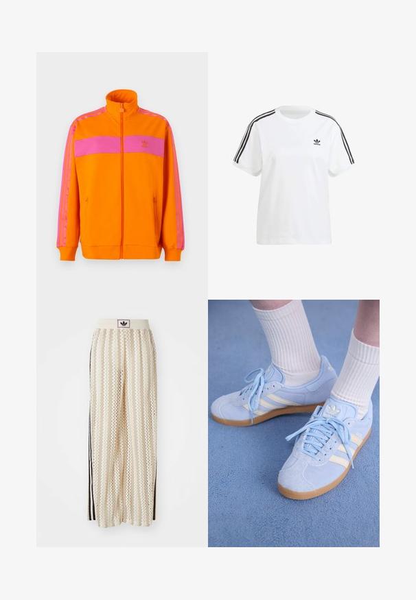 Oranžinė zip-up striukė su aukštu apykakle, pasižyminti rožinėmis horizontaliosiomis juostelėmis ir trimis rožinėmis juostelėmis ant rankovių. Pagaminta iš lygios medžiagos.; Baltas medvilninis marškinėliai su trumpomis rankovėmis, apvaliu kaklu ir juodomis vertikaliomis juostelėmis ant pečių, ant krūtinės esantis mažas juodas logotipas.; Grietos spalvos plačios kelnės su zigzagų raštu, turinčios juodą logotipo juostą ir šonines juodas juosteles. Lengvas, tekstūruotas audinys.; Šviesiai mėlyni zomšiniai sportbačiai su baltais dryžiais, plokščiomis raištelėmis ir guminiais padais. Virš kulkšnies dėvimos raukšlėtos baltos kojinės.