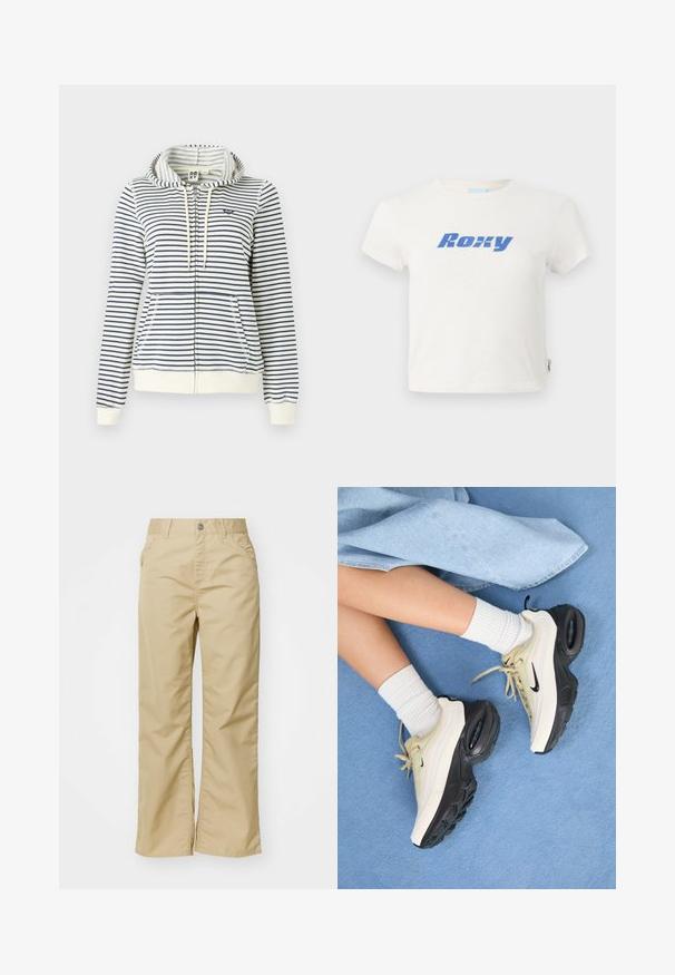Gestreifter Kapuzenpullover in Creme und Marineblau, mit Reißverschluss, Fronttaschen und kleinem Herz-Logo auf der Brust. Baumwollmaterial.; Weißes Baumwoll-T-Shirt mit Rundhalsausschnitt, auf dem ein großes blaues "Roxy"-Logo über der Brust gedruckt ist. Mit kurzen Ärmeln und normaler Passform.; Beige Baumwoll-Hose mit weitem Bein und glatter Textur, mit vorderen Taschen und einem silbernen Knopf am Bund.; Die Nike Air Max Sneakers verfügen über ein beigefarbenes und schwarzes Design, mit einem glatten Obermaterial, sichtbarer Air-Dämpfung und flachen Gummisohlen.