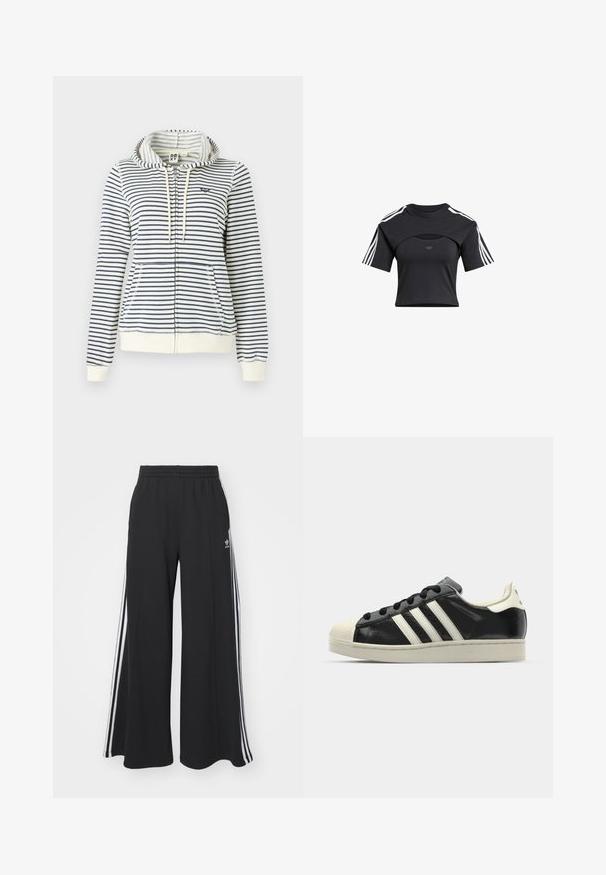 Svītrainā kapuce krēmkrāsā un tumši zilā tonī, ar rāvējslēdzēju, priekšējām kabatām un mazu sirds logo uz krūšu daļas. Audums: kokvilna.; Melnā īsā t-kreklā ar apaļu kaklu, īsām piedurknēm, izgriezumu un baltām trim svītrām uz pleciem. Mīksta auduma.; Melnas plašas sporta bikses ar elastīgu jostasvietu, kurām ir baltas sānu svītras un izšūts logo kreisajā augšstilbā.; Melna ādas sporta apava ar baltām svītrām, gumijas purngala aizsardzību, melnām auklām un krēma krāsas zoli. Gluda tekstūra ar spīdīgu apdari.