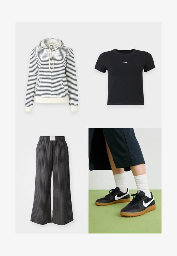 Stribet hættebluse i creme og marineblå, med lynlås, forlommer og et lille hjerte-logo på brystet. Materialet er bomuld.; Sort kortærmet t-shirt lavet af bomuld med rund hals. Har et hvidt Nike-logo på brystet, minimalistisk design og tætsiddende pasform.; Sort og grå stribede bukser med bred ben, elastisk talje og et Nike-logo på bagsiden. Letvægtsstof, løs pasform design.; Sorte læder- og syntetiske sneakers med hvid Nike swoosh, gummisål, rund tå og sorte snørebånd. Ribbede hvide sokker synlige.