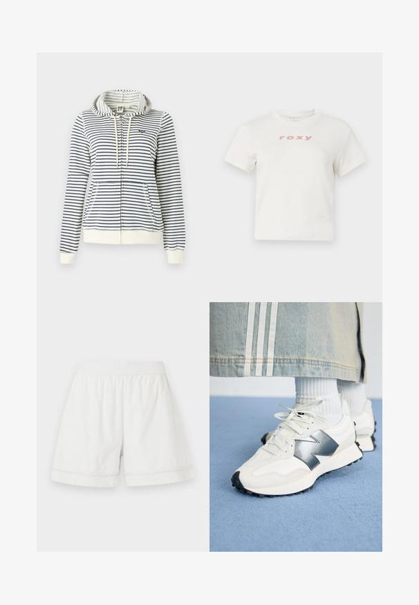 Sweatshirt à capuche rayé en crème et marine, avec une fermeture éclair, des poches avant et un petit logo en forme de cœur sur la poitrine. Matière en coton.; T-shirt en coton blanc à manches courtes et col rond, avec le logo rose "roxy" imprimé sur le devant. Design à coupe régulière.; Shorts en lin blanc avec une taille élastique, coupe décontractée et bord en dentelle décoratif à l'ourlet. Texture lisse et design décontracté.; Baskets de sport blanches avec un accent argenté, en tissu texturé et cuir lisse ; dotées d'une semelle en caoutchouc noir et de lacets.