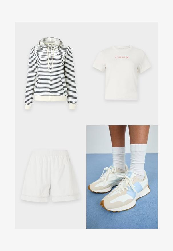 Stribet hættebluse i creme og marineblå, med lynlås, forlommer og et lille hjerte-logo på brystet. Materialet er bomuld.; Hvid bomulds T-shirt med korte ærmer og rund halsudskæring, med et pink logo "roxy" trykt på forsiden. Regular fit design.; Hvide linned-shorts med elastisk talje, afslappet pasform og dekorativ blondekant ved kanten. Glat tekstur og afslappet design.; Letvægssneakers med et design i beige og lyseblå. Har overdele i ruskind og mesh-materialer, hvide snørebånd og en struktureret gummisål.